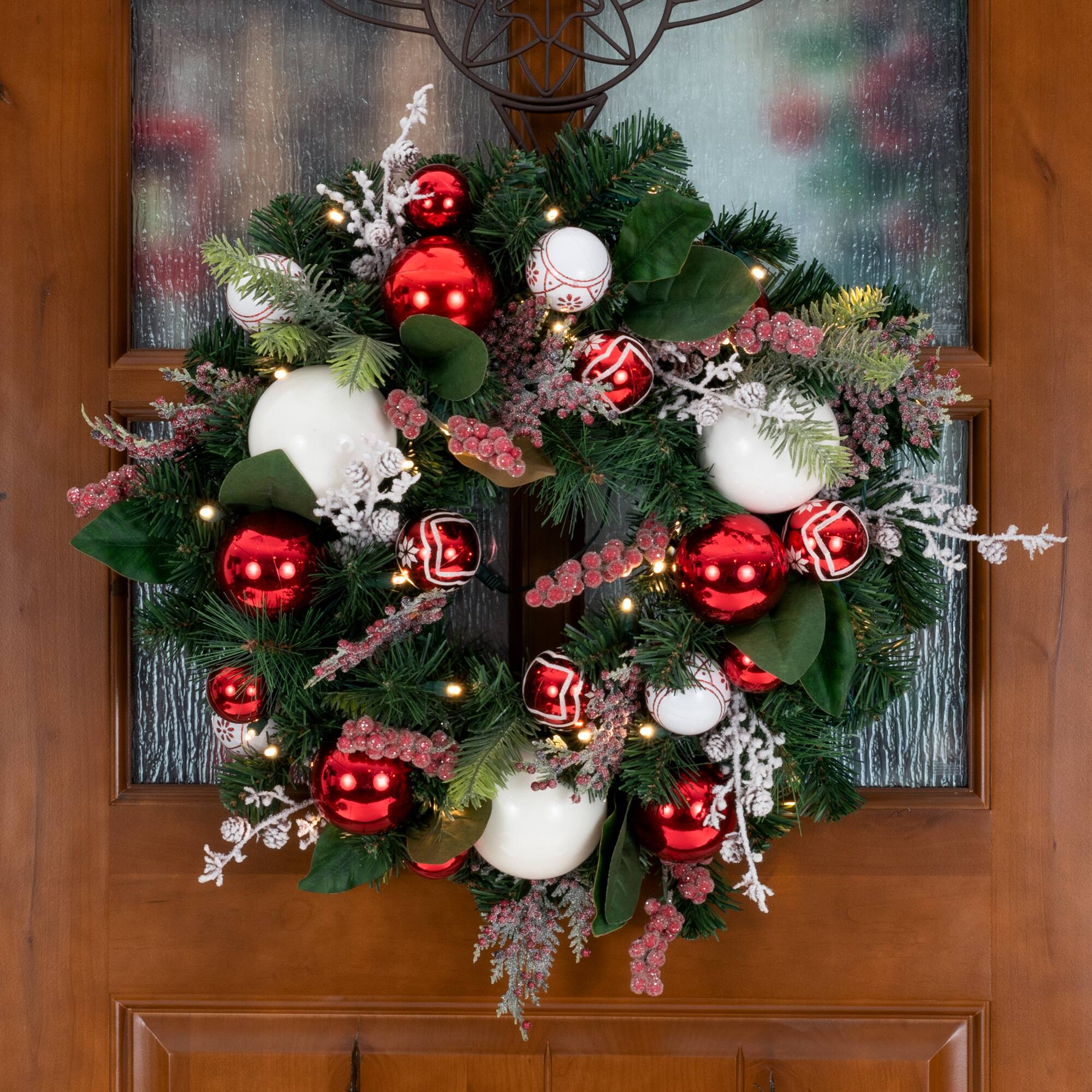 Village Lighting 24" Pre-Lit Nordic Christmas Wreath, Red & Clear LED Lights